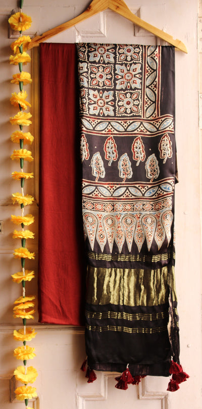 RUKMANI : Handblock Ajrakh Modal Silk Suitset