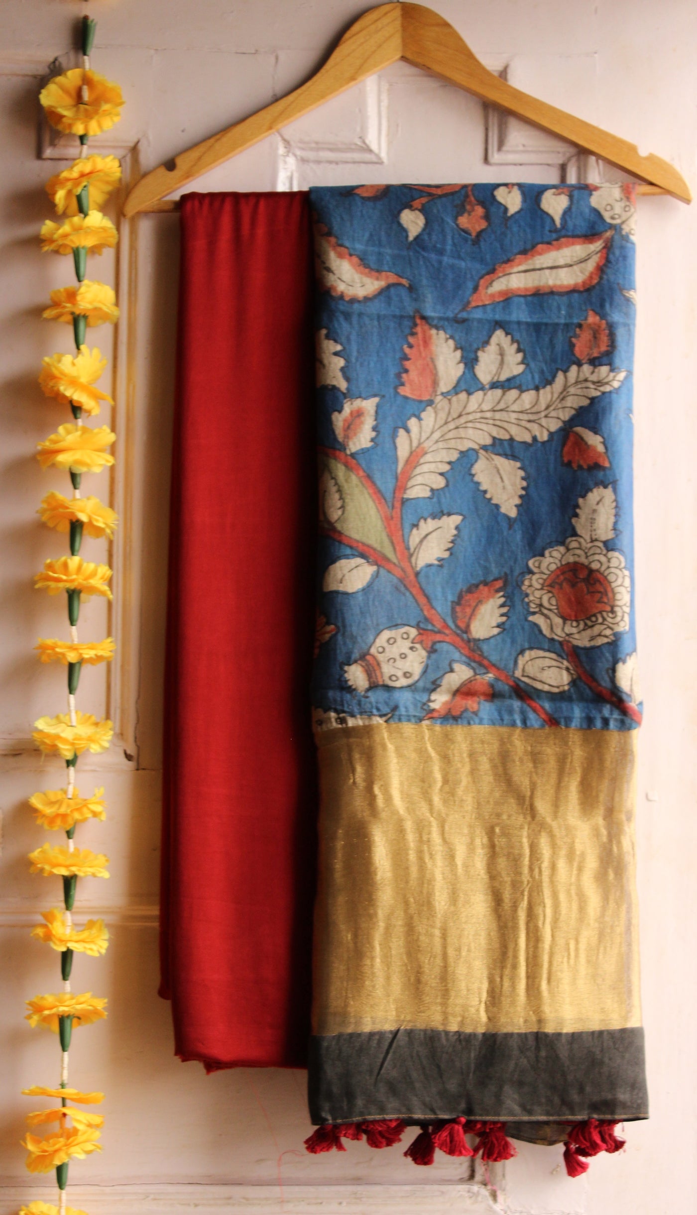 KAVYA: HAND DRAWN HAND PAINTED PEN KALAMKARI CHANDERI SILK  TISSUE DUPATTA WITH DYED MODAL SILK  SUIT SET