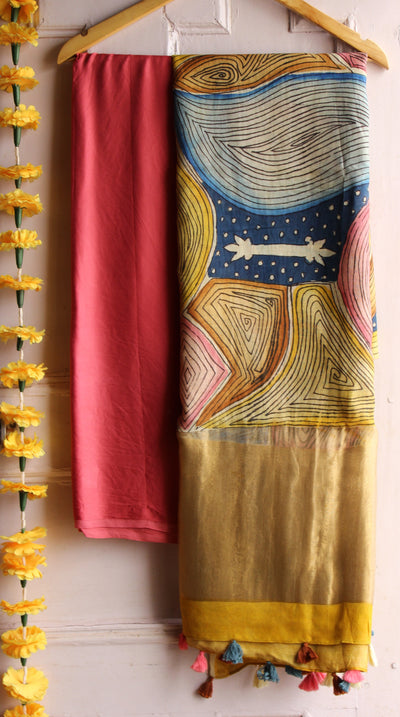 CHAKRA: HAND DRAWN HAND PAINTED PEN KALAMKARI CHANDERI SILK  TISSUE DUPATTA WITH DYED MODAL SILK  SUIT SET