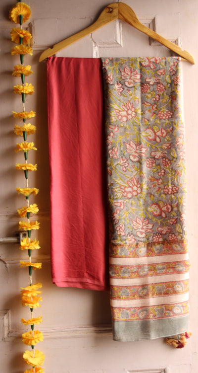 GULAB: HANDBLOCK BAGRU CHANDERI SILK DUPATTA WITH DYED MODAL SILK BANDHANI SUIT SET