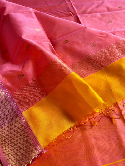 MASOOM: Handloom Silk-Cott Maheshwari Saree With Zari Border