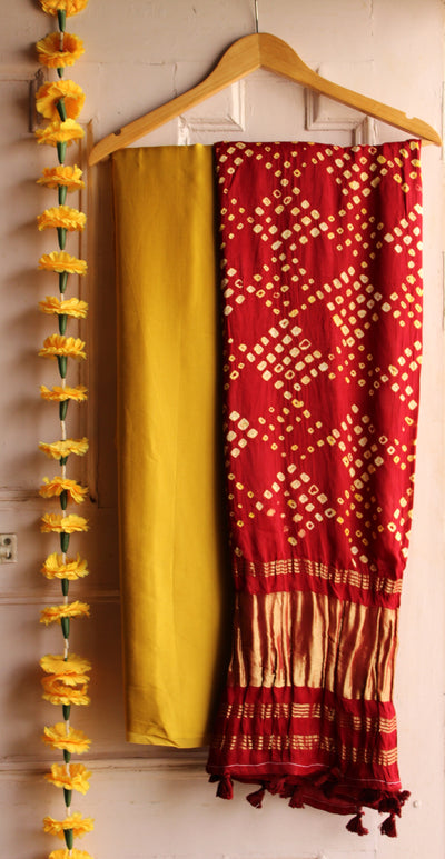 VIHANI : HANDMADE BANDHANI TISSUE DUPATTA WITH SOLID DYED MODAL SILK SUIT SET
