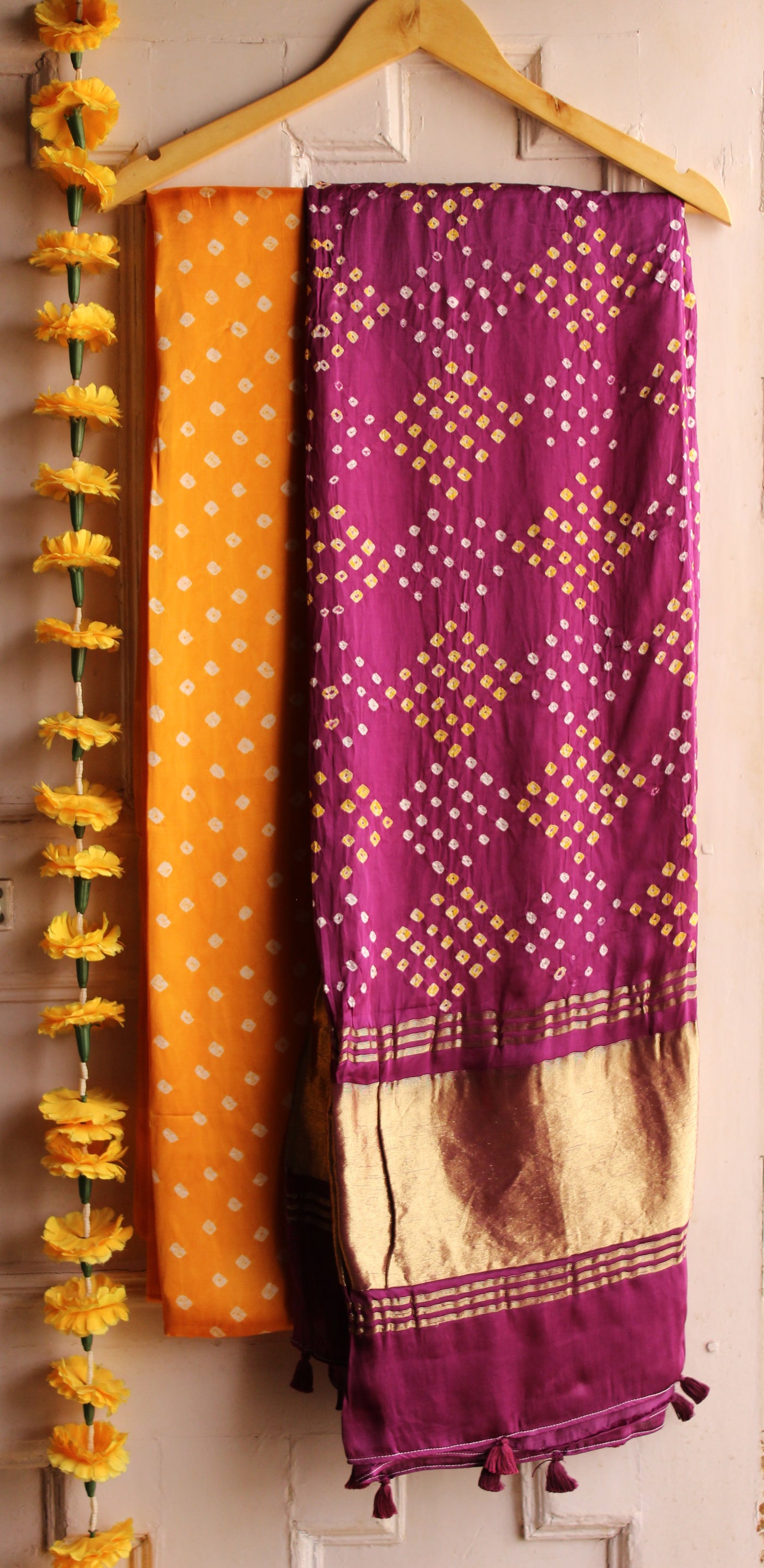 JAGRITI : HANDMADE BANDHANI TISSUE MODAL SILK DUPATTA WITH MODAL SILK BANDHANI SUIT SET