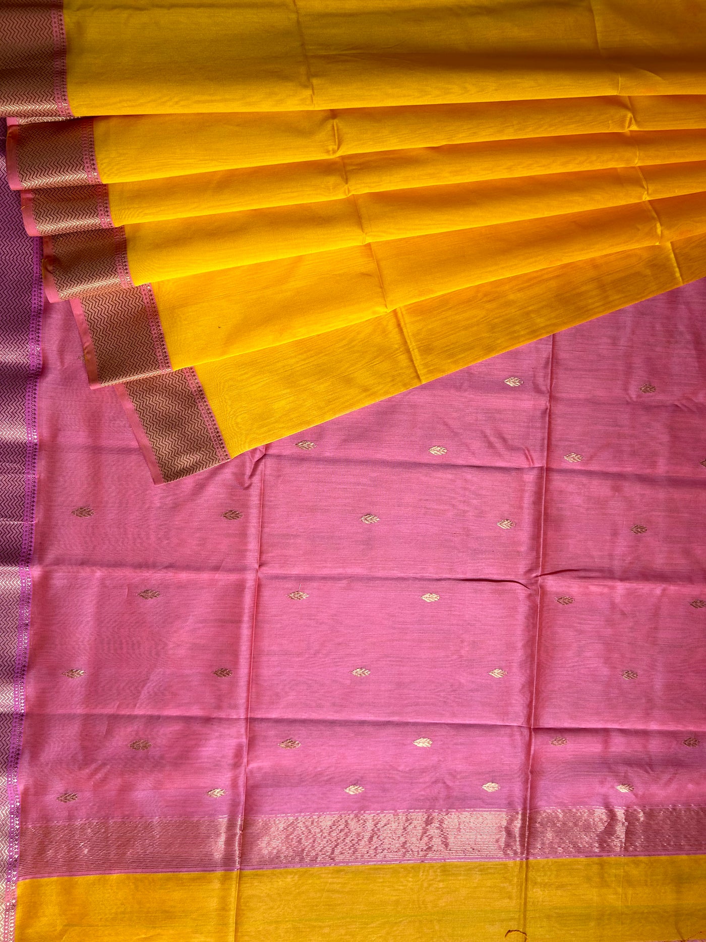 MASOOM: Handloom Silk-Cott Maheshwari Saree With Zari Border