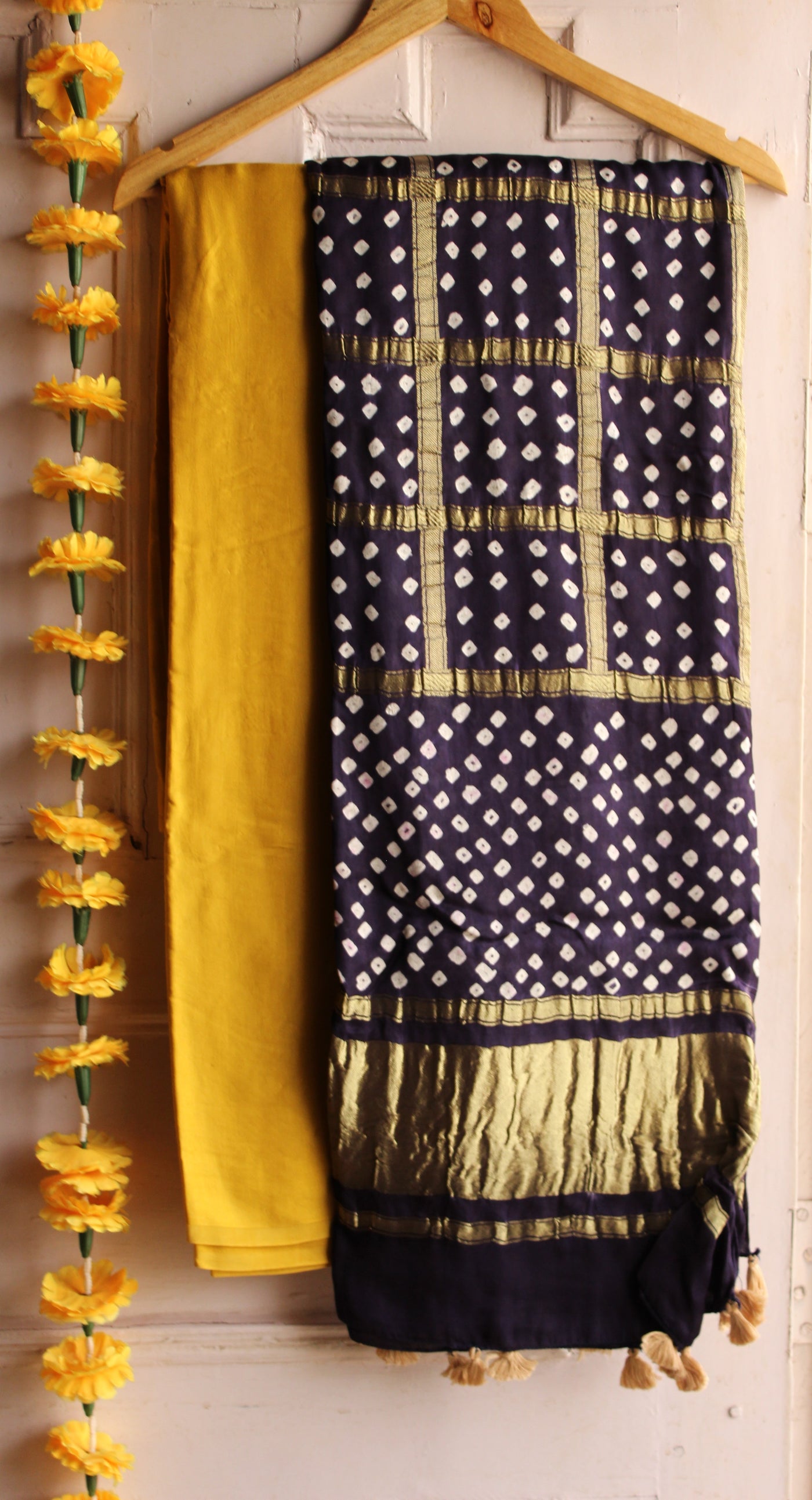 KADAMBARI : Handmade Bandhani Gharchola Tissue Modal Silk Dupatta with Solid Modal Silk Suitset