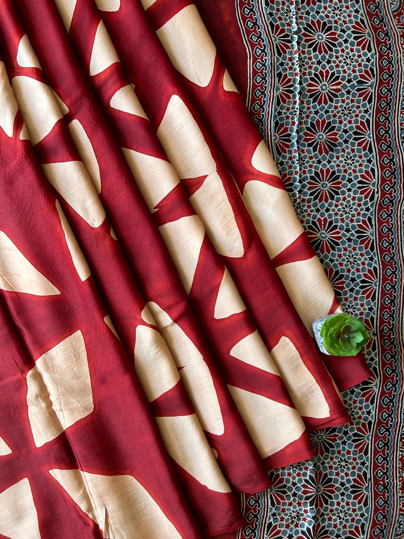 Mradul: Handmade Clamp Dyed- Ajrakh Modal Silk Saree