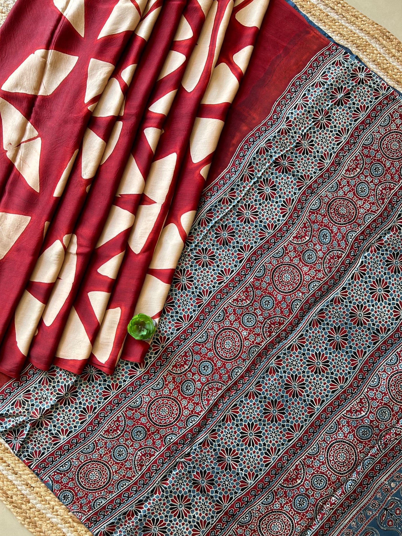 Mradul: Handmade Clamp Dyed- Ajrakh Modal Silk Saree