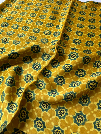 Yellow Star: Hand block printed premium modal silk ajrakh fabric