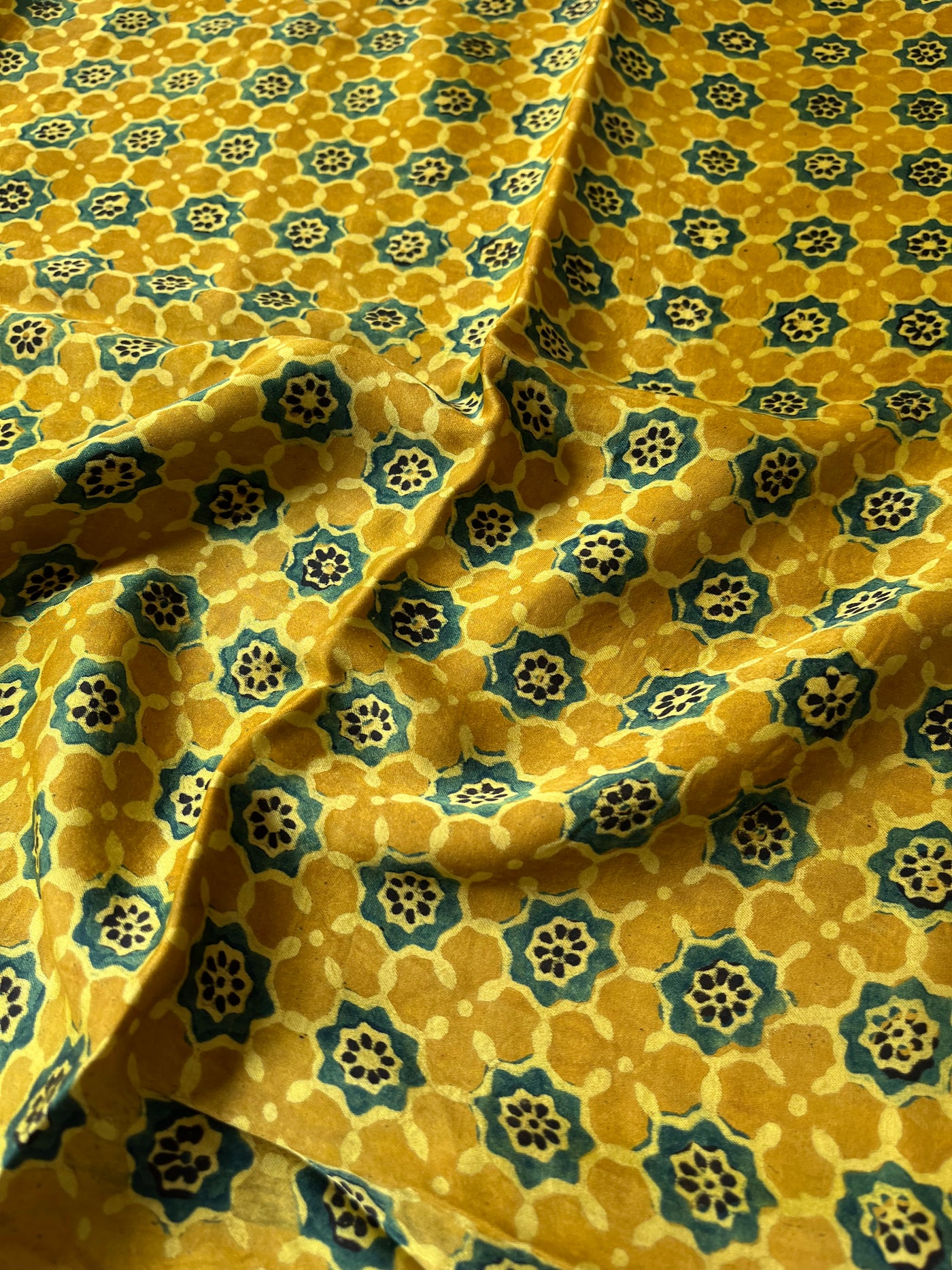 Yellow Star: Hand block printed premium modal silk ajrakh fabric