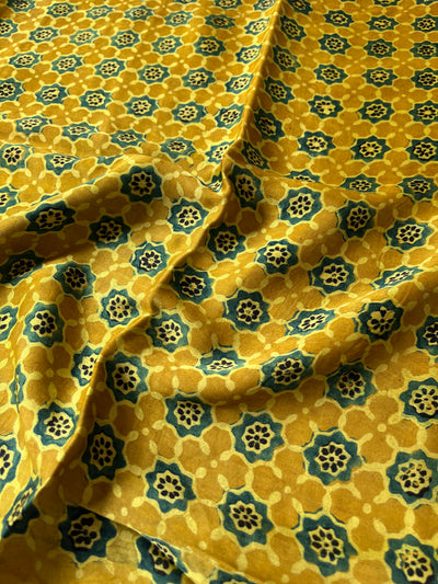 Yellow Star: Hand block printed premium modal silk ajrakh fabric