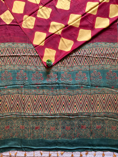 Tara:Handmade Clamp Dyed- Ajrakh Modal Silk Saree