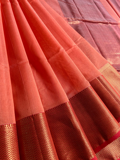 MENKA: Handloom Silk-Cott Maheshwari Saree With Zari Border