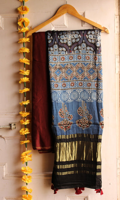VEDANSHI : Handblock Ajrakh Modal Silk Suitset