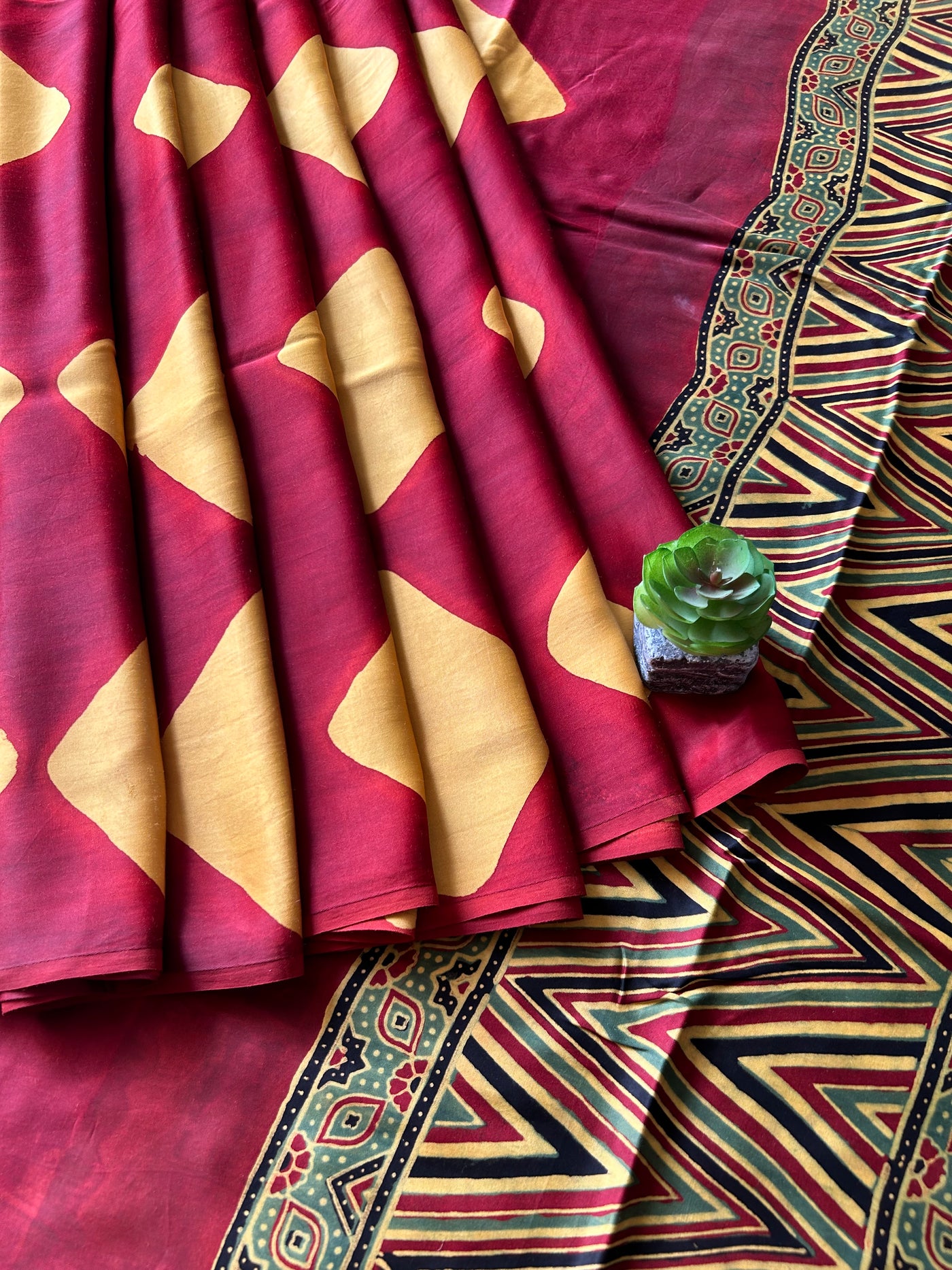 Tara:Handmade Clamp Dyed- Ajrakh Modal Silk Saree