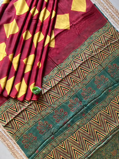 Tara:Handmade Clamp Dyed- Ajrakh Modal Silk Saree