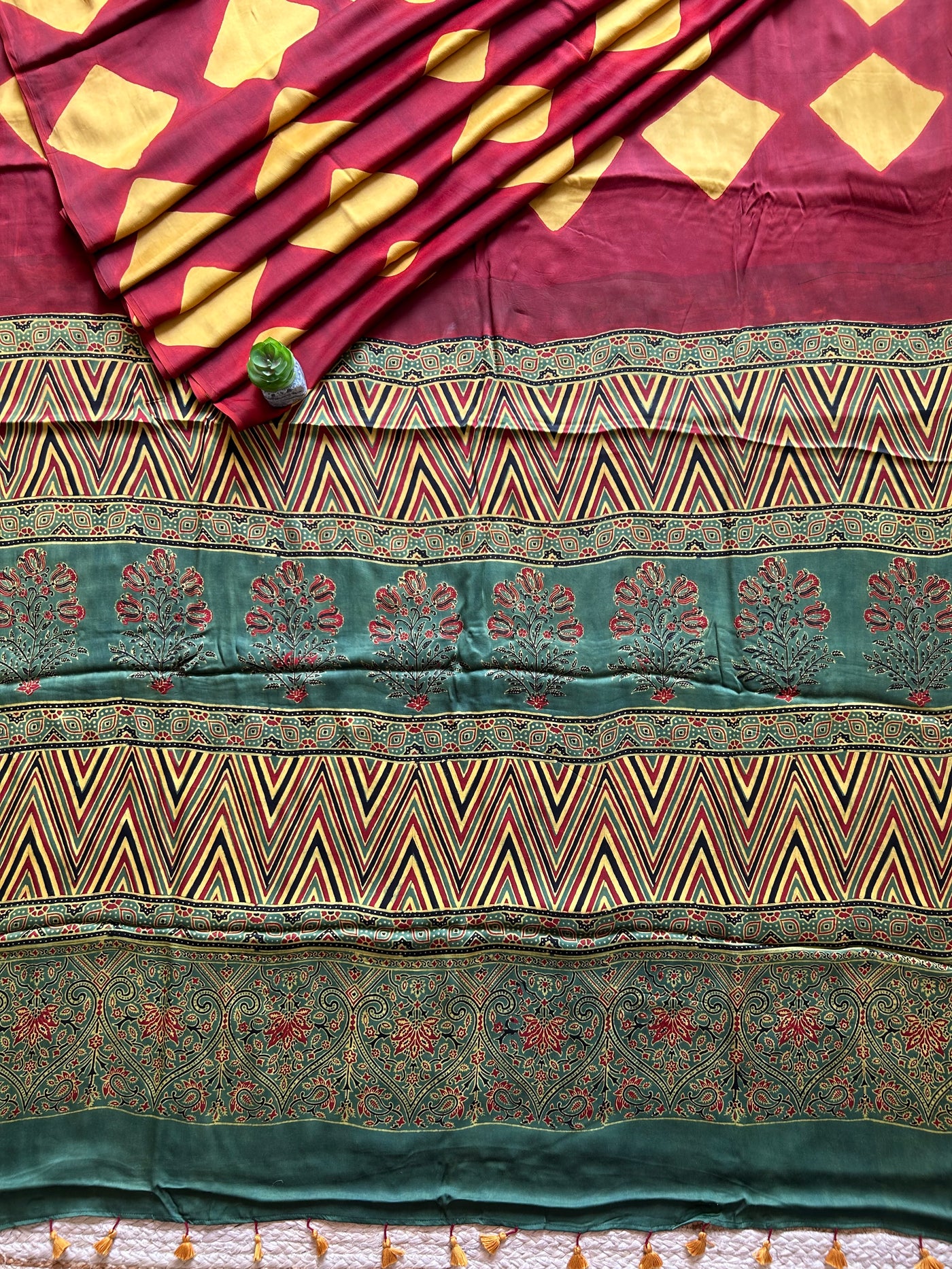 Tara:Handmade Clamp Dyed- Ajrakh Modal Silk Saree