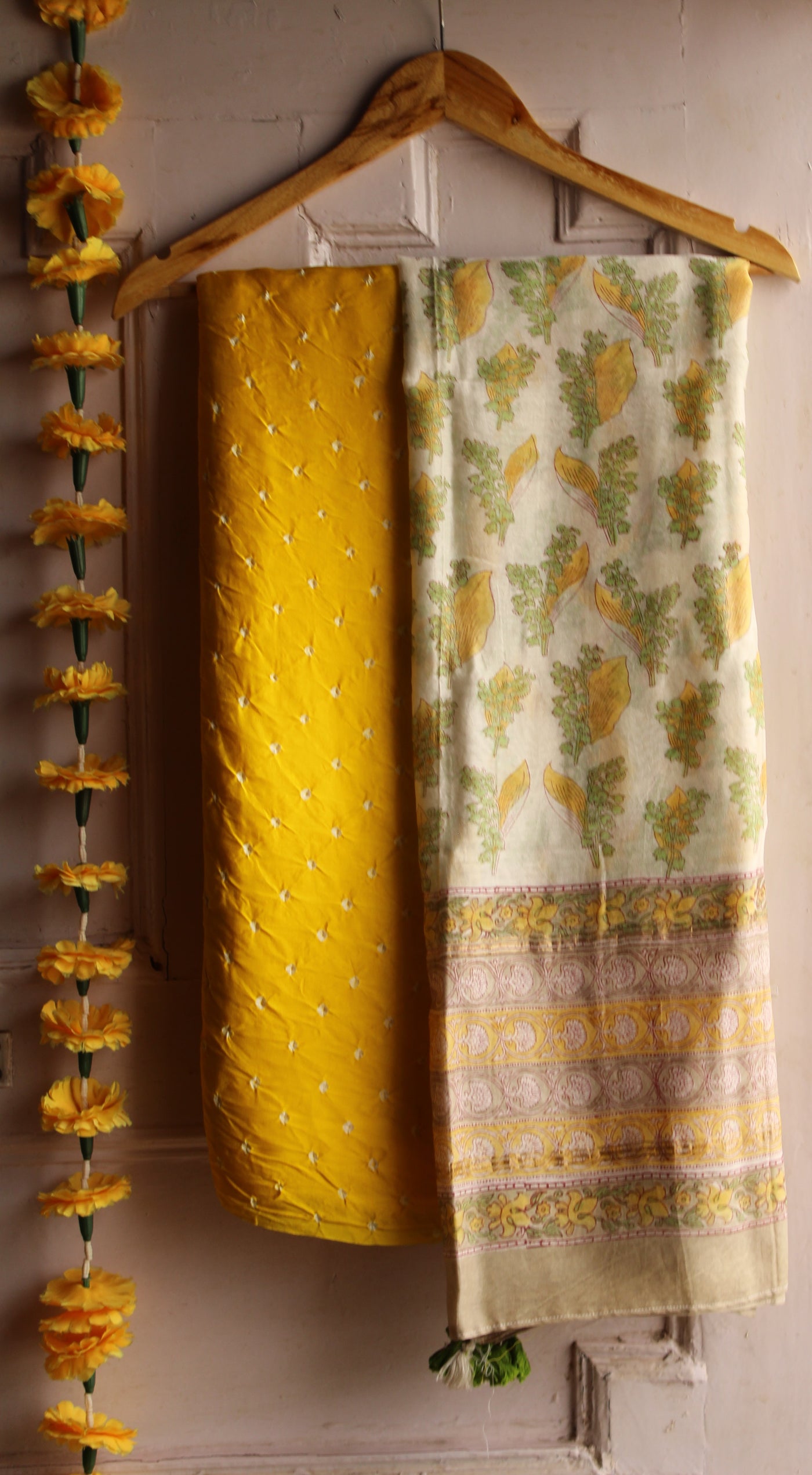 SUN SHINE: HANDBLOCK BAGRU CHANDERI SILK DUPATTA WITH DYED MODAL SILK BANDHANI SUIT SET