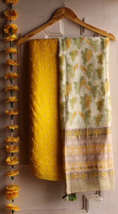 SUN SHINE: HANDBLOCK BAGRU CHANDERI SILK DUPATTA WITH DYED MODAL SILK BANDHANI SUIT SET