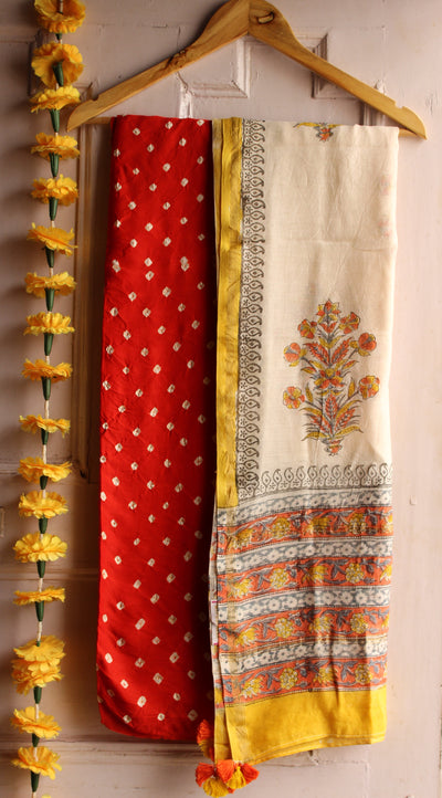 NARANGI: HANDBLOCK BAGRU CHANDERI SILK DUPATTA WITH DYED MODAL SILK BANDHANI SUIT SET