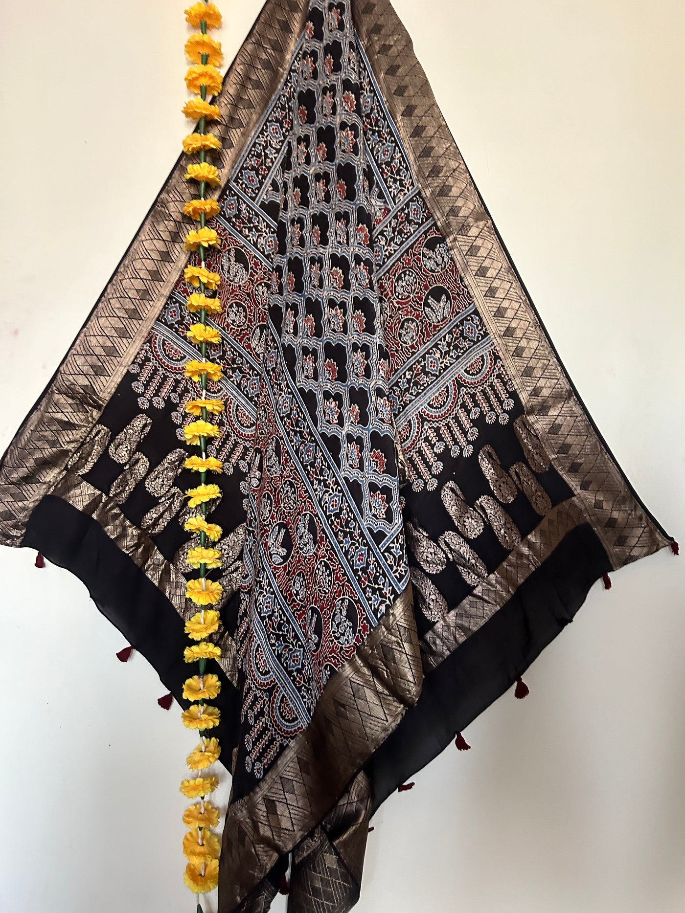 Sakhi: Handblock dola silk ajrakh dupatta with nakshi border