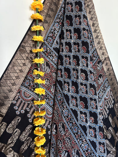 Sakhi: Handblock dola silk ajrakh dupatta with nakshi border