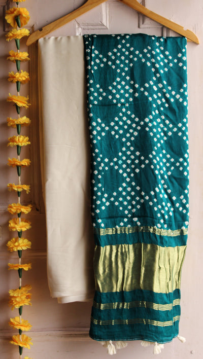 TRISHA : HANDMADE BANDHANI TISSUE DUPATTA WITH SOLID DYED MODAL SILK SUIT SET