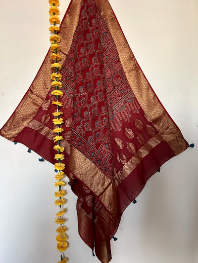 Kusum: Handblock dola silk ajrakh dupatta with nakshi border