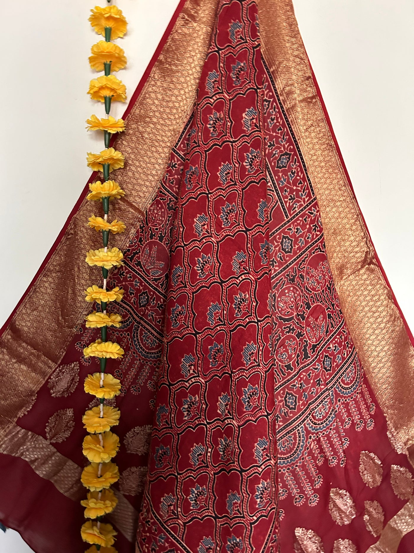 Kusum: Handblock dola silk ajrakh dupatta with nakshi border