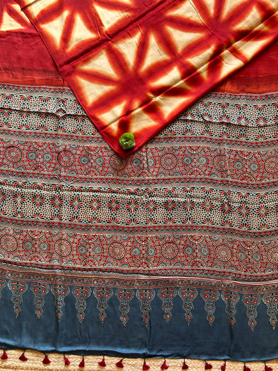 Rewa:Handmade Clamp Dyed- Ajrakh Modal Silk Saree