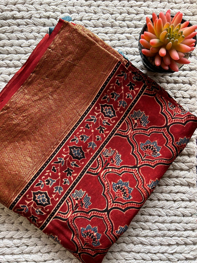 Kusum: Handblock dola silk ajrakh dupatta with nakshi border