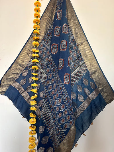 Khushboo: Handblock dola silk ajrakh dupatta with nakshi border