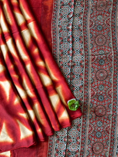 Rewa:Handmade Clamp Dyed- Ajrakh Modal Silk Saree