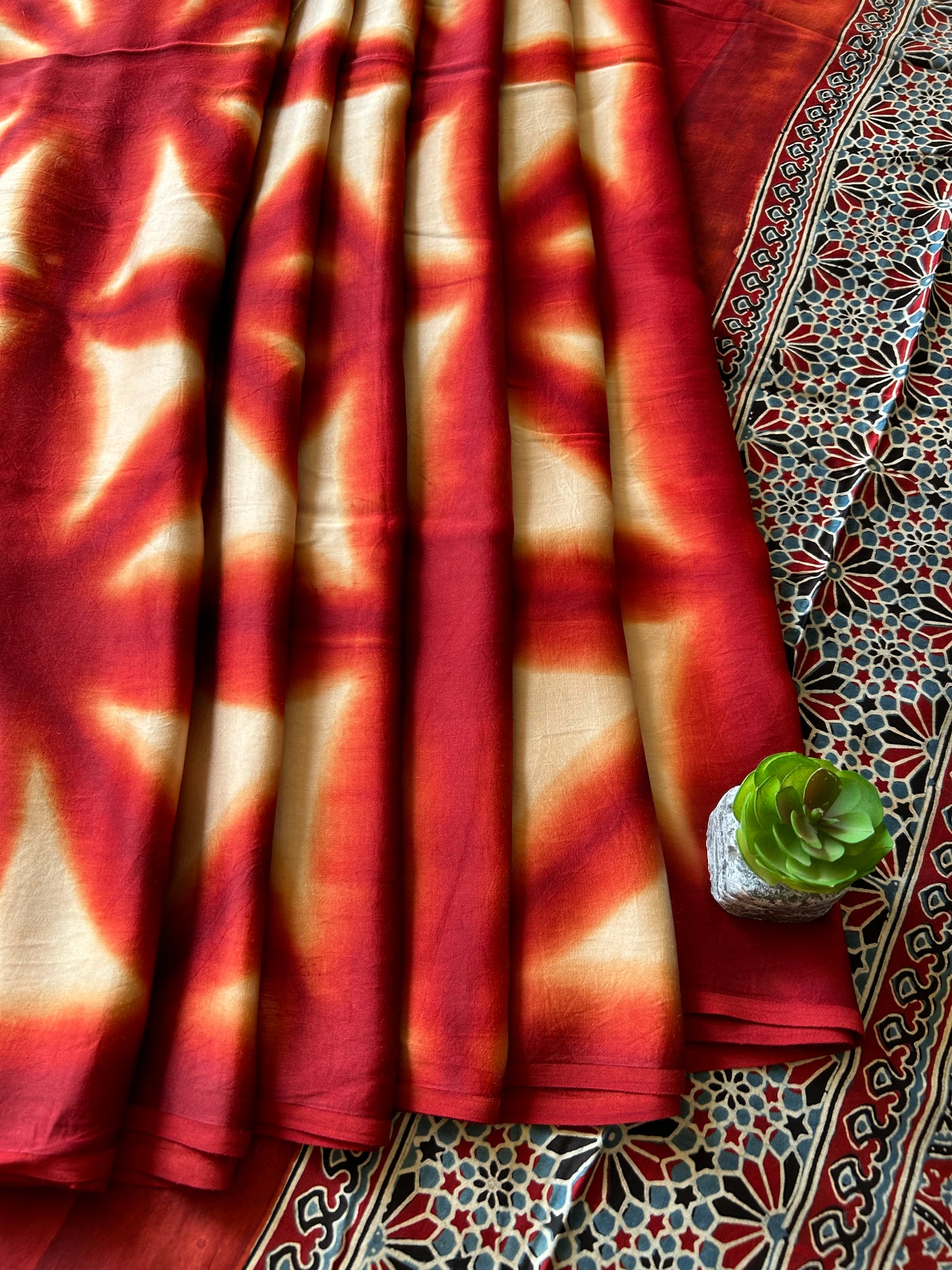 Rewa:Handmade Clamp Dyed- Ajrakh Modal Silk Saree