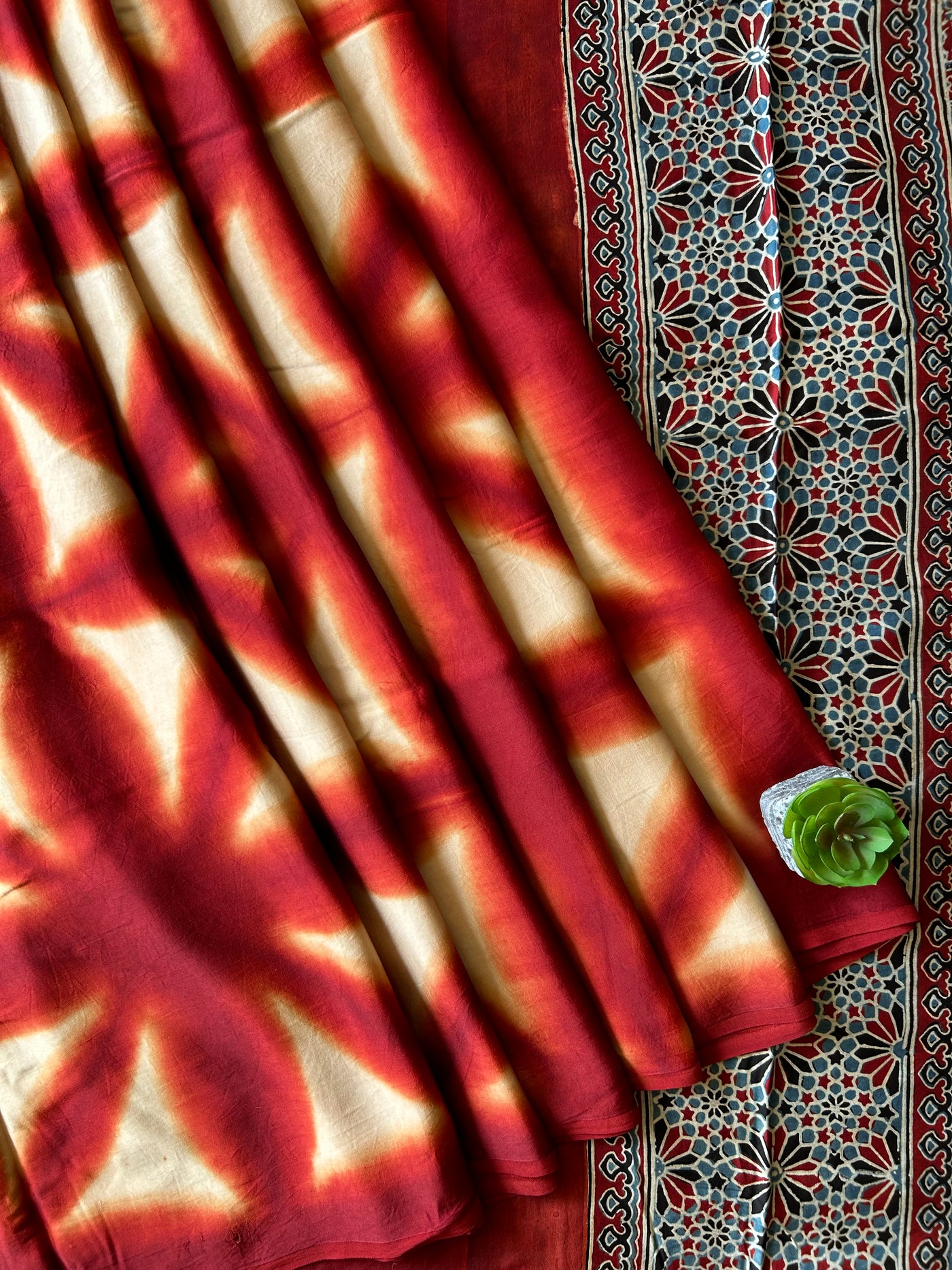 Rewa:Handmade Clamp Dyed- Ajrakh Modal Silk Saree