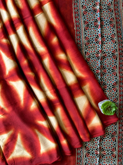 Rewa:Handmade Clamp Dyed- Ajrakh Modal Silk Saree