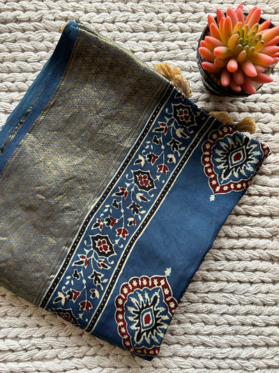 Khushboo: Handblock dola silk ajrakh dupatta with nakshi border