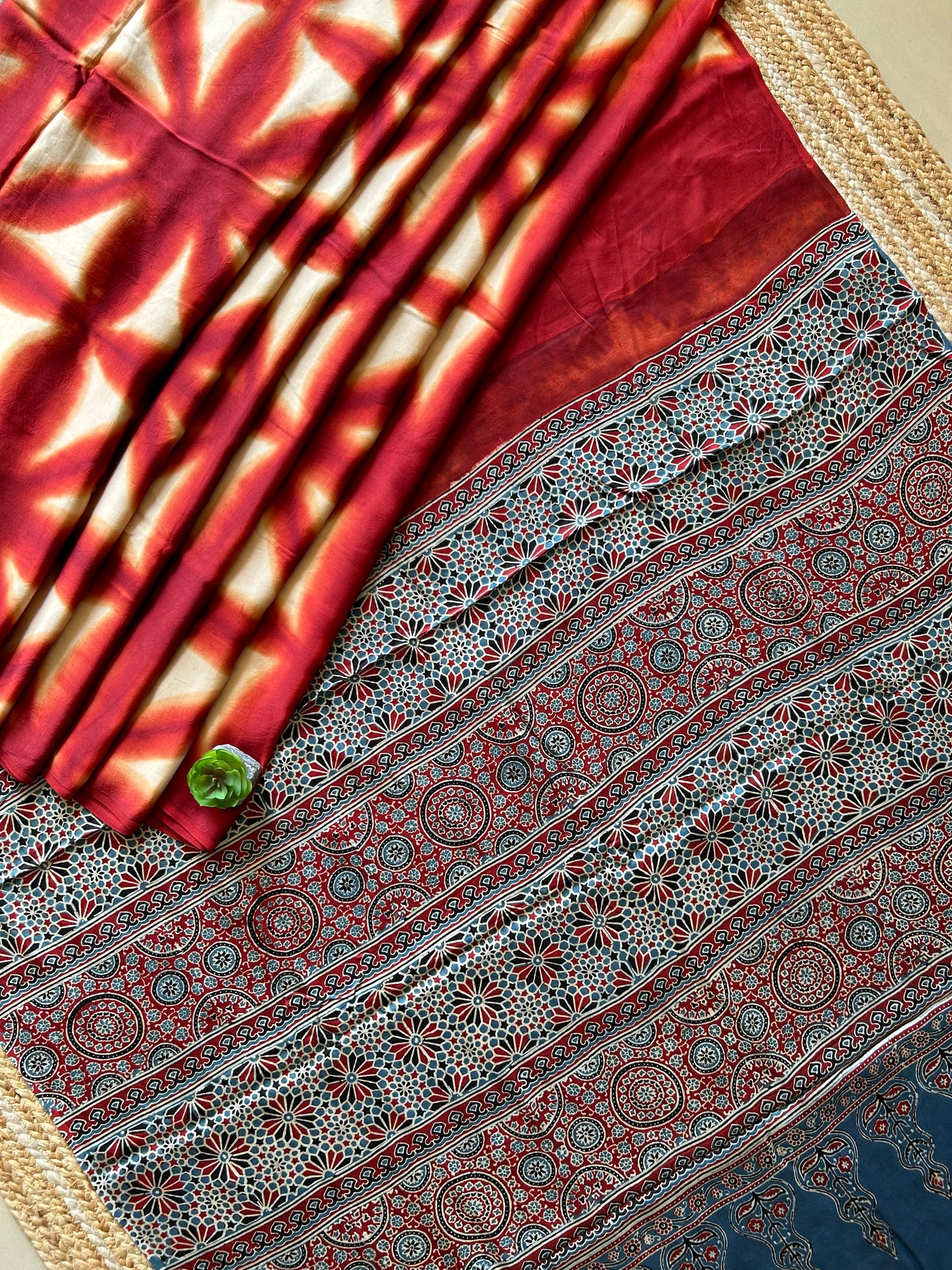 Rewa:Handmade Clamp Dyed- Ajrakh Modal Silk Saree