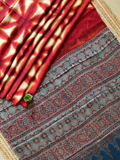 Rewa:Handmade Clamp Dyed- Ajrakh Modal Silk Saree