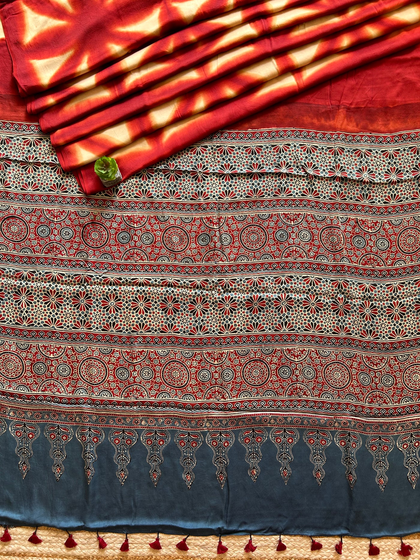 Rewa:Handmade Clamp Dyed- Ajrakh Modal Silk Saree