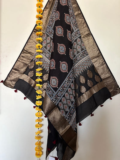 Kanchan: Handblock dola silk ajrakh dupatta with nakshi border