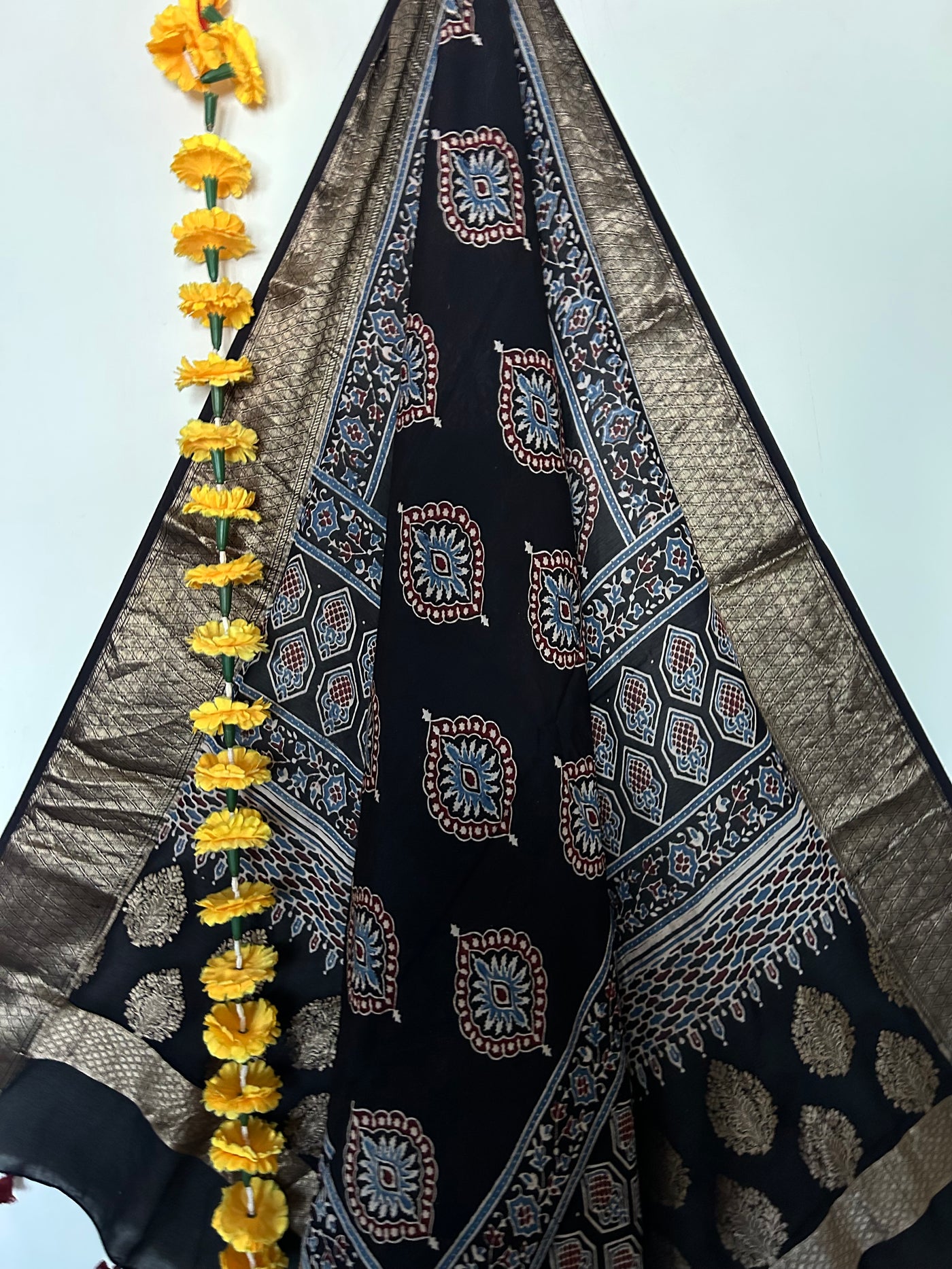 Kanchan: Handblock dola silk ajrakh dupatta with nakshi border