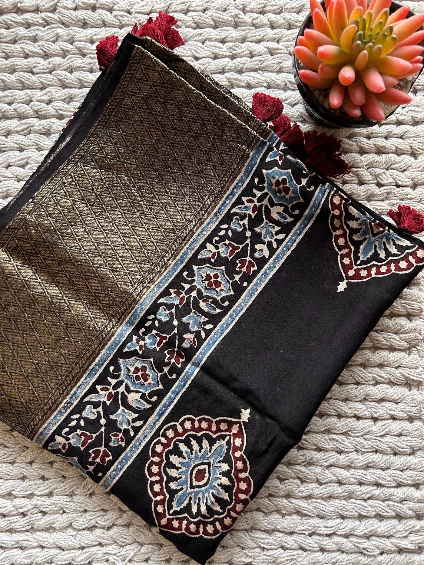 Kanchan: Handblock dola silk ajrakh dupatta with nakshi border