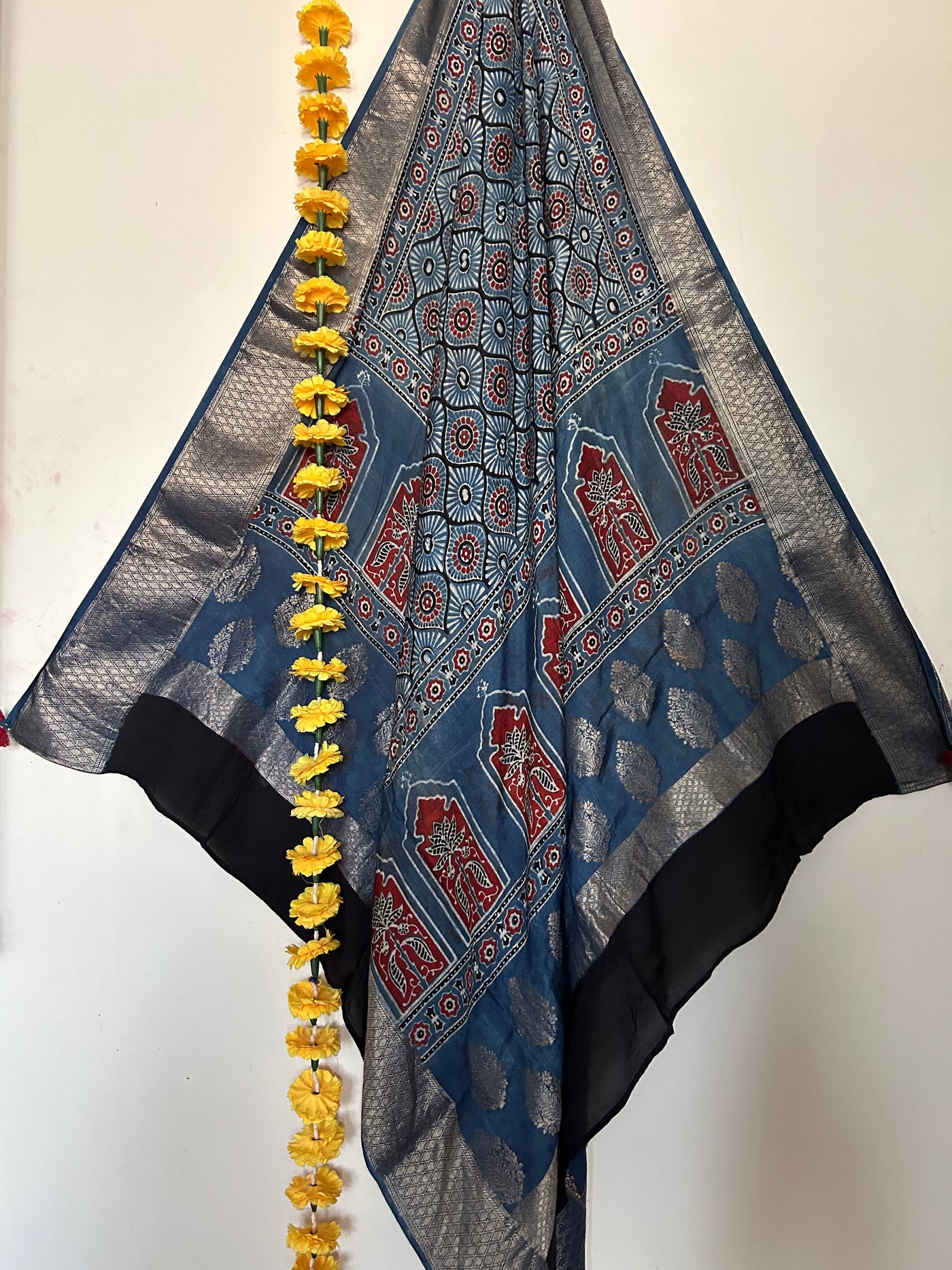 Kishori: Handblock dola silk ajrakh dupatta with nakshi border