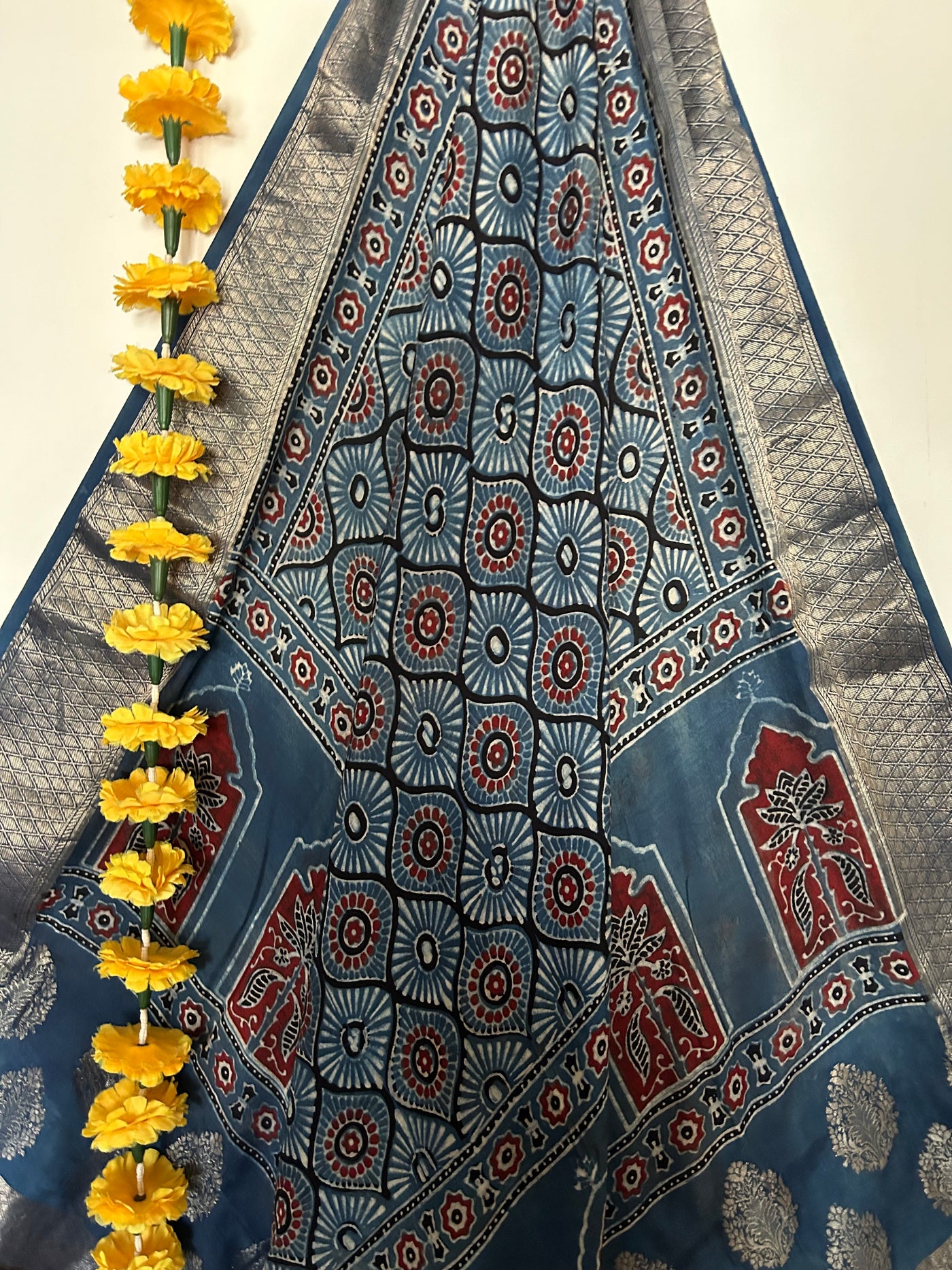 Kishori: Handblock dola silk ajrakh dupatta with nakshi border