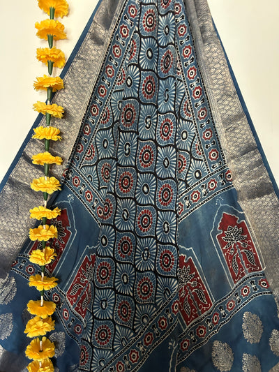 Kishori: Handblock dola silk ajrakh dupatta with nakshi border