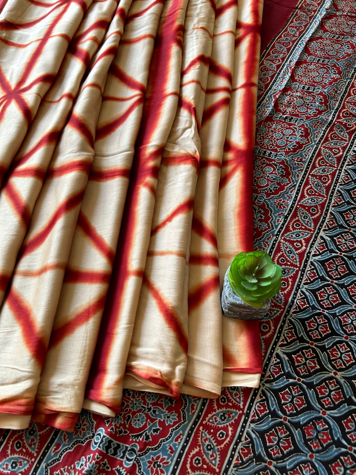 Ramya:Handmade Clamp Dyed- Ajrakh Modal Silk Saree