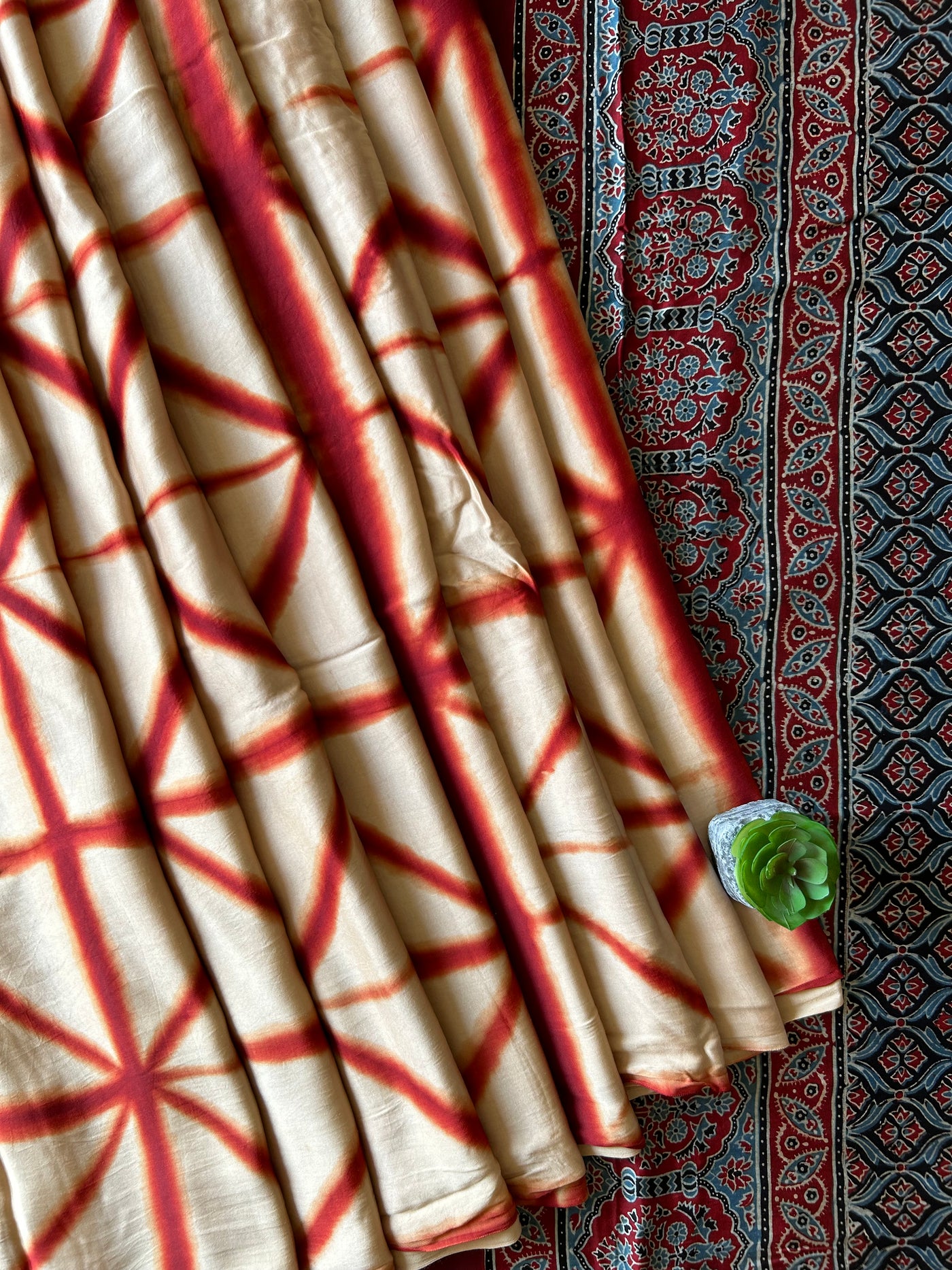 Ramya:Handmade Clamp Dyed- Ajrakh Modal Silk Saree