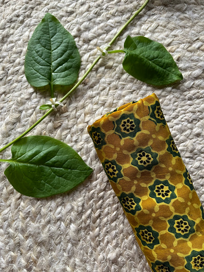 Yellow Star: Hand block printed premium modal silk ajrakh fabric