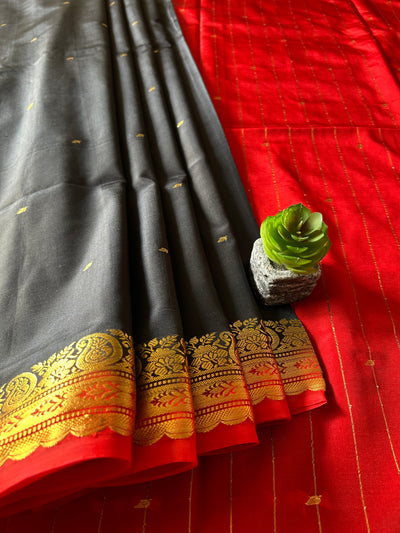 SHANA: BLACK,BANARASI SOFT ART SILK PARTYWEAR SAREE.