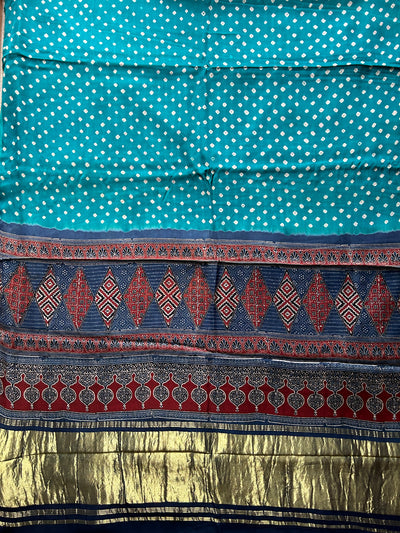 Sapphire:Handmade  Bandhej Ajrakh  tissue Saree